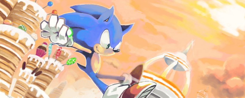 2010 anthro blue_body blue_fur bracelet cake candy clothing cupcake dessert detailed_background eulipotyphlan food footwear fur gloves green_eyes handwear hedgehog jewelry lollipop male mammal niwa0w0 orange_sky sega shoes sky smile solo sonic_colors sonic_the_hedgehog sonic_the_hedgehog_(series)