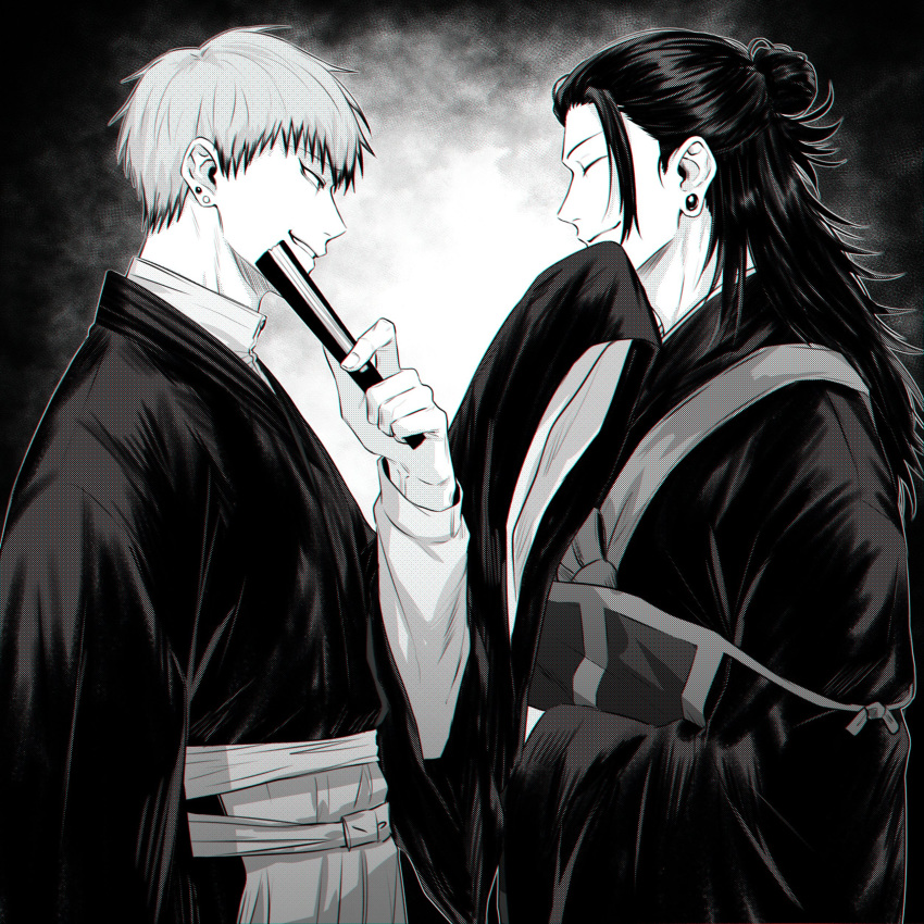 2boys absurdres closed_eyes closed_mouth cowboy_shot ear_piercing getou_suguru greyscale hair_bun hair_pulled_back hakama hakama_skirt hand_fan hand_up highres holding holding_fan japanese_clothes jujutsu_kaisen kesa kimono long_hair looking_at_another male_focus monochrome multiple_boys parted_lips piercing profile short_hair single_hair_bun skirt sleeves_past_fingers sleeves_past_wrists smile standing tsurime wide_sleeves xxhane zen'in_naoya