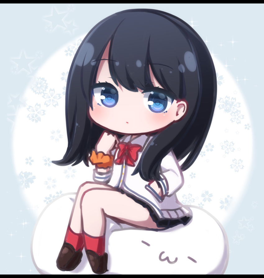 black_hair black_skirt blue_background blue_eyes blush bow brown_footwear cardigan chibi closed_mouth commentary_request female floral_background full_body gridman_universe hand_in_pocket hand_up highres letterboxed loafers long_hair long_sleeves looking_at_viewer miniskirt orange_scrunchie pleated_skirt red_bow red_socks rensei scrunchie shoes sitting skirt socks solo ssss.gridman takarada_rikka two-tone_background white_background white_cardigan wrist_scrunchie