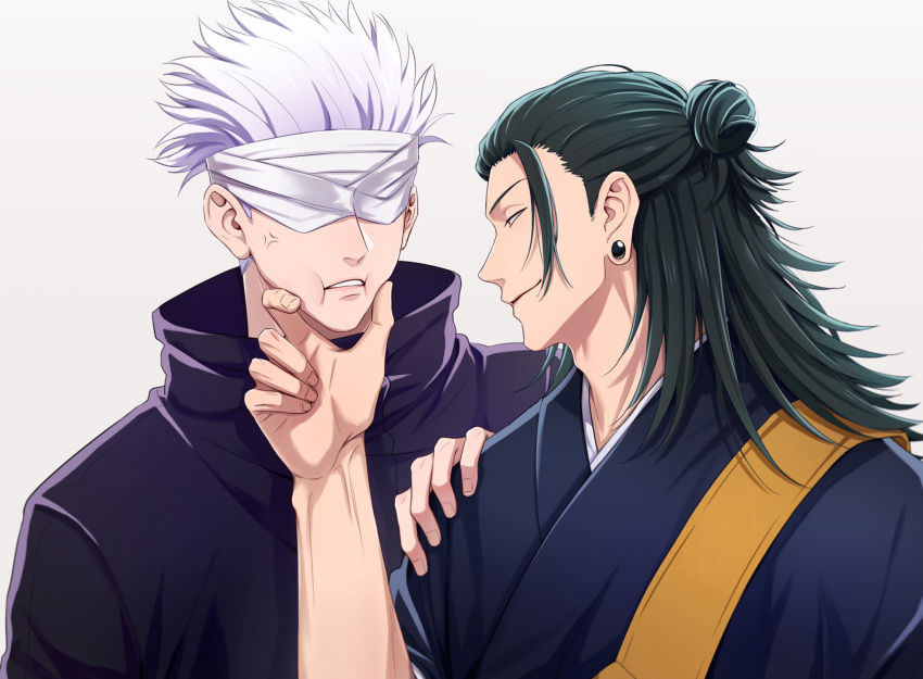 2boys anger_vein bandages bandages_over_eyes black_hair black_jacket black_kimono closed_mouth covered_eyes ear_piercing getou_suguru gojou_satoru grabbing_another's_chin hair_bun hair_pulled_back hand_on_another's_chin hand_on_another's_shoulder high_collar highres jacket japanese_clothes jujutsu_kaisen kimono long_hair male_focus multiple_boys parted_lips piercing short_hair simple_background single_hair_bun smile squeezing upper_body white_background white_hair xxhane