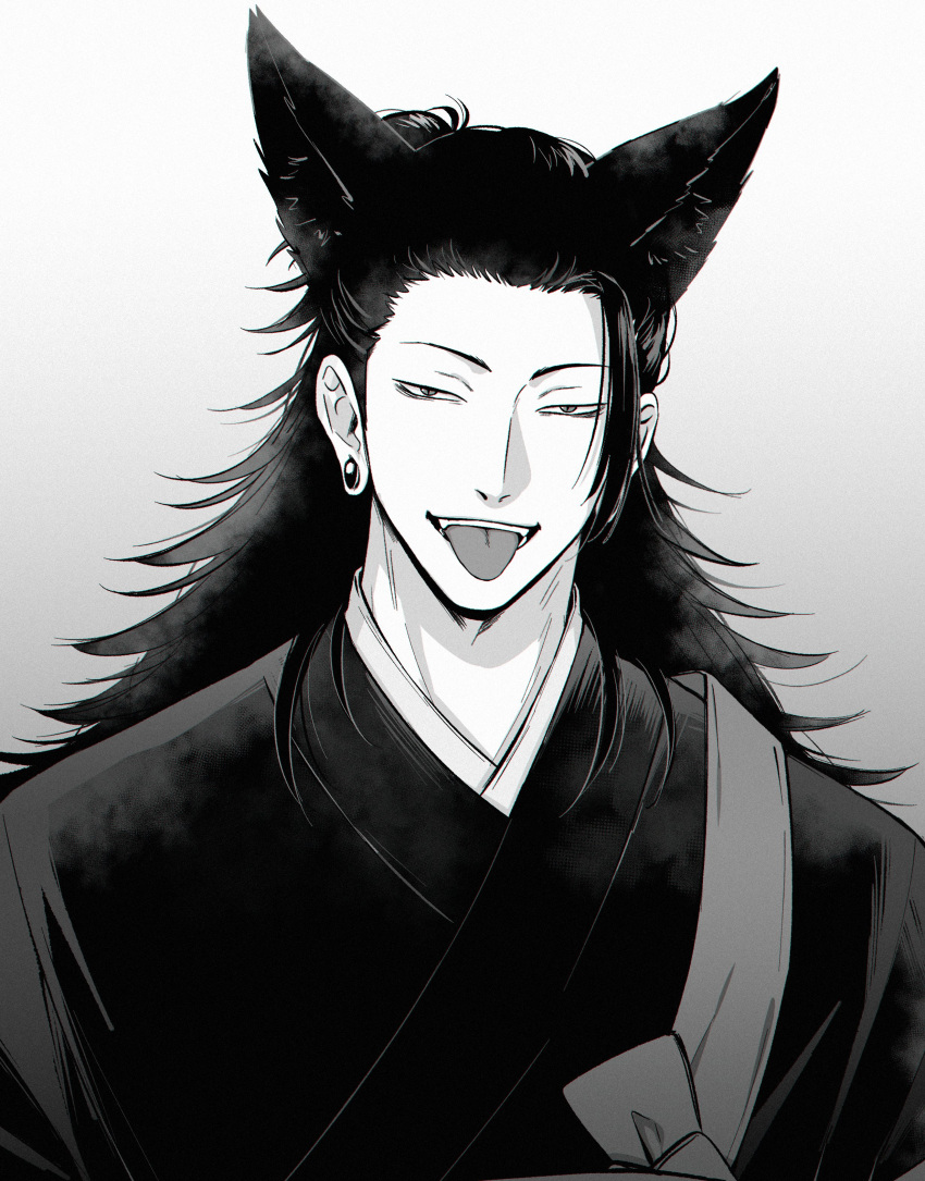 1boy absurdres animal_ears cat_boy cat_ears ear_piercing getou_suguru greyscale hair_bun hair_pulled_back highres japanese_clothes jujutsu_kaisen kemonomimi_mode kimono long_hair looking_at_viewer male_focus monochrome piercing simple_background single_hair_bun solo tongue tongue_out tsurime upper_body xxhane