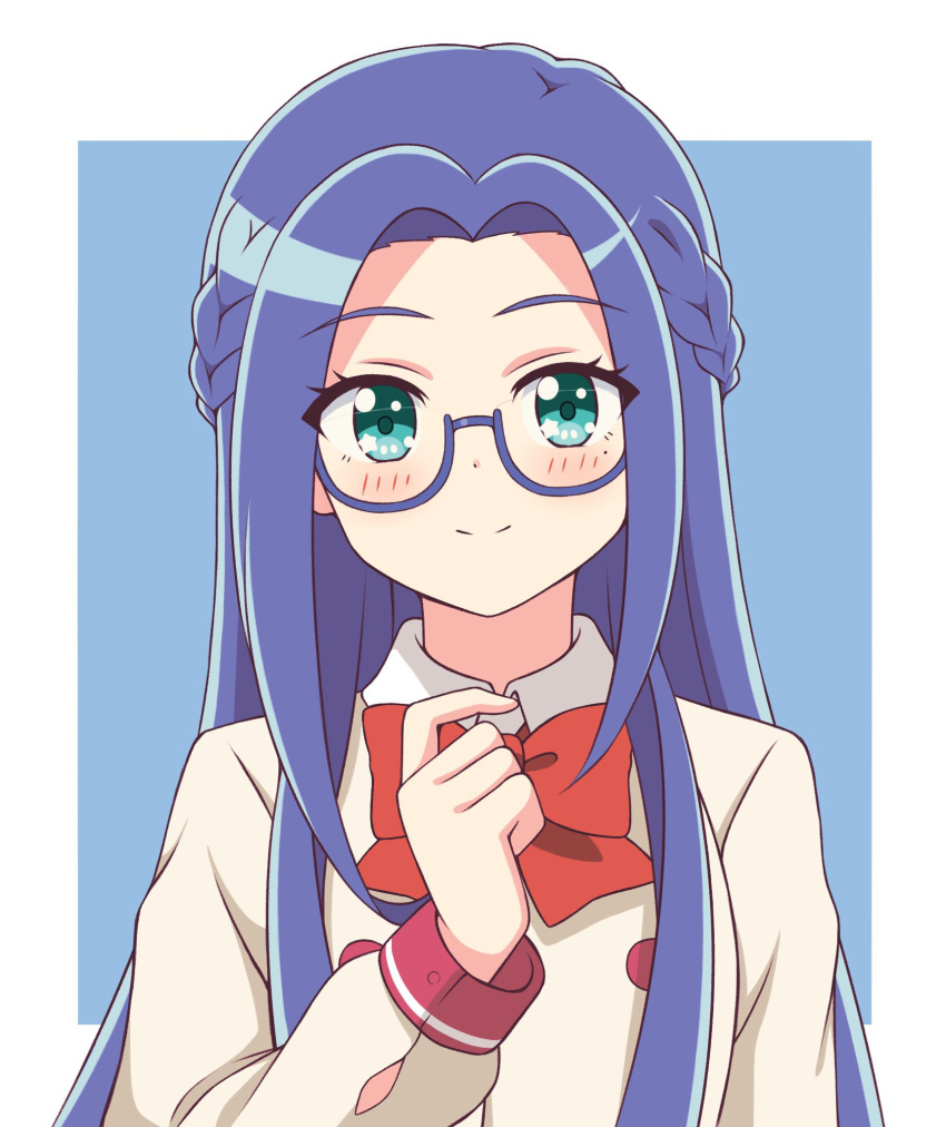 bad_id bad_pixiv_id blue-framed_eyewear blue_background blue_hair blush border bow bowtie braid buttons closed_mouth collared_shirt commentary double-breasted female glasses green_eyes hand_up highres ichigo_junior_high_uniform imai_kotoko long_hair long_sleeves looking_at_viewer mewkledreamy mole mole_under_eye outside_border red_bow red_bowtie school_uniform shirt smile solo star_(symbol) star_in_eye symbol_in_eye upper_body white_border white_shirt zeta_(24904340)