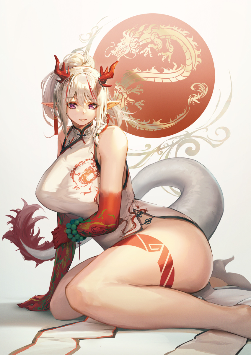 absurdres arknights arm_tattoo bare_shoulders bead_bracelet beads bracelet braid breasts china_dress chinese_clothes colored_skin curvy dragon dragon_girl dragon_horns dragon_tail dress ear_piercing earrings eastern_dragon female fur-tipped_tail high_heels highres horns huge_breasts jewelry leg_tattoo long_hair mazel_(mazel_star) multicolored_hair nian_(arknights) nian_(unfettered_freedom)_(arknights) no_panties official_alternate_costume parted_lips piercing pointy_ears ponytail purple_eyes red_hair red_skin sitting sleeveless sleeveless_dress small_head solo streaked_hair tail tassel tassel_earrings tattoo thick_thighs thighs white_dress white_footwear white_hair