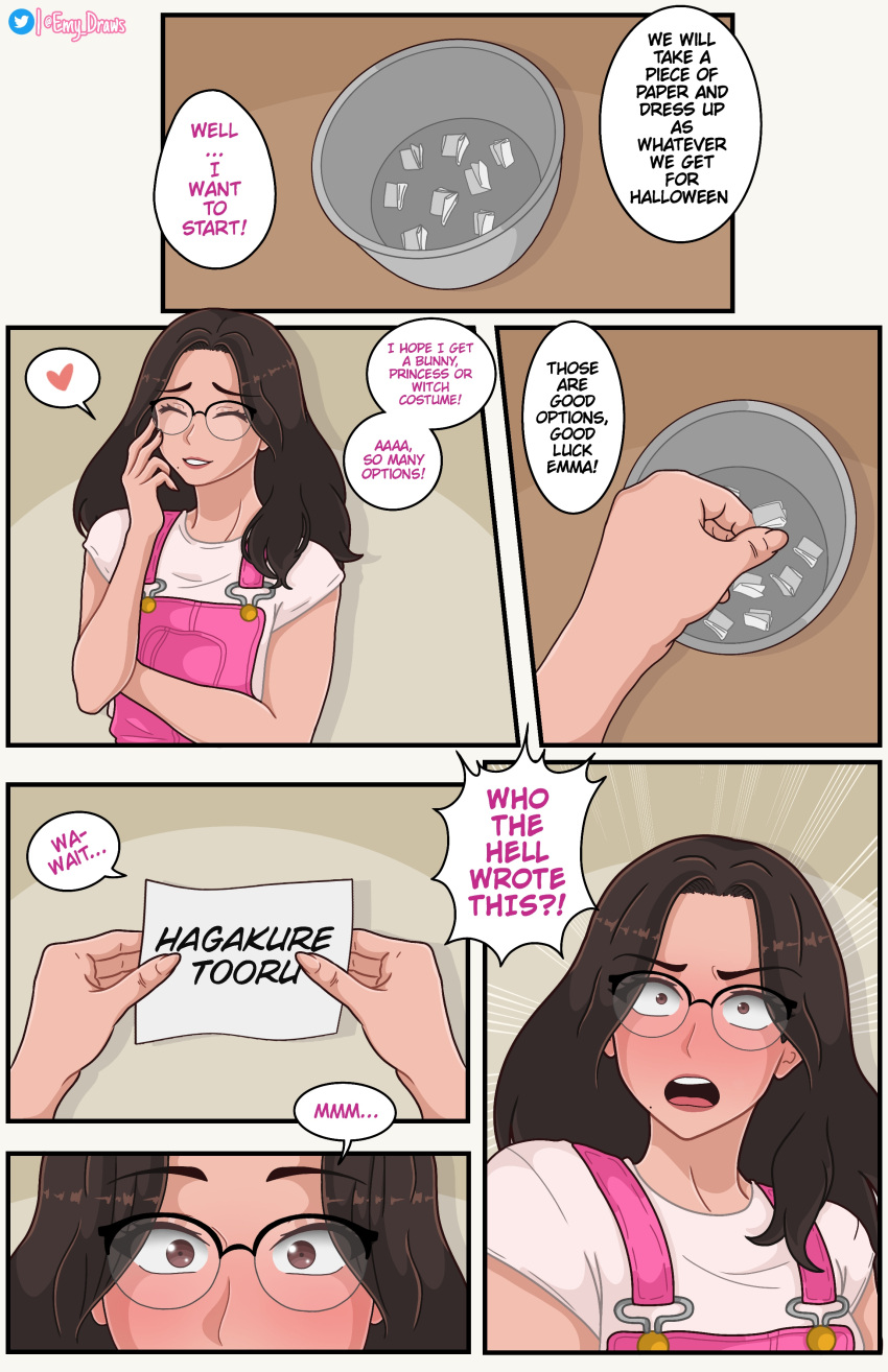 1futa blush brown_eyes brown_hair clothed clothing comic comic_page costume dialogue dickgirl emma_(emy_draws) emy_draws english_text full_body fully_clothed futanari futasub glass glasses hagakure_tooru_(visible) human implied_futanari light_skin long_hair my_hero_academia nipples nude solo text