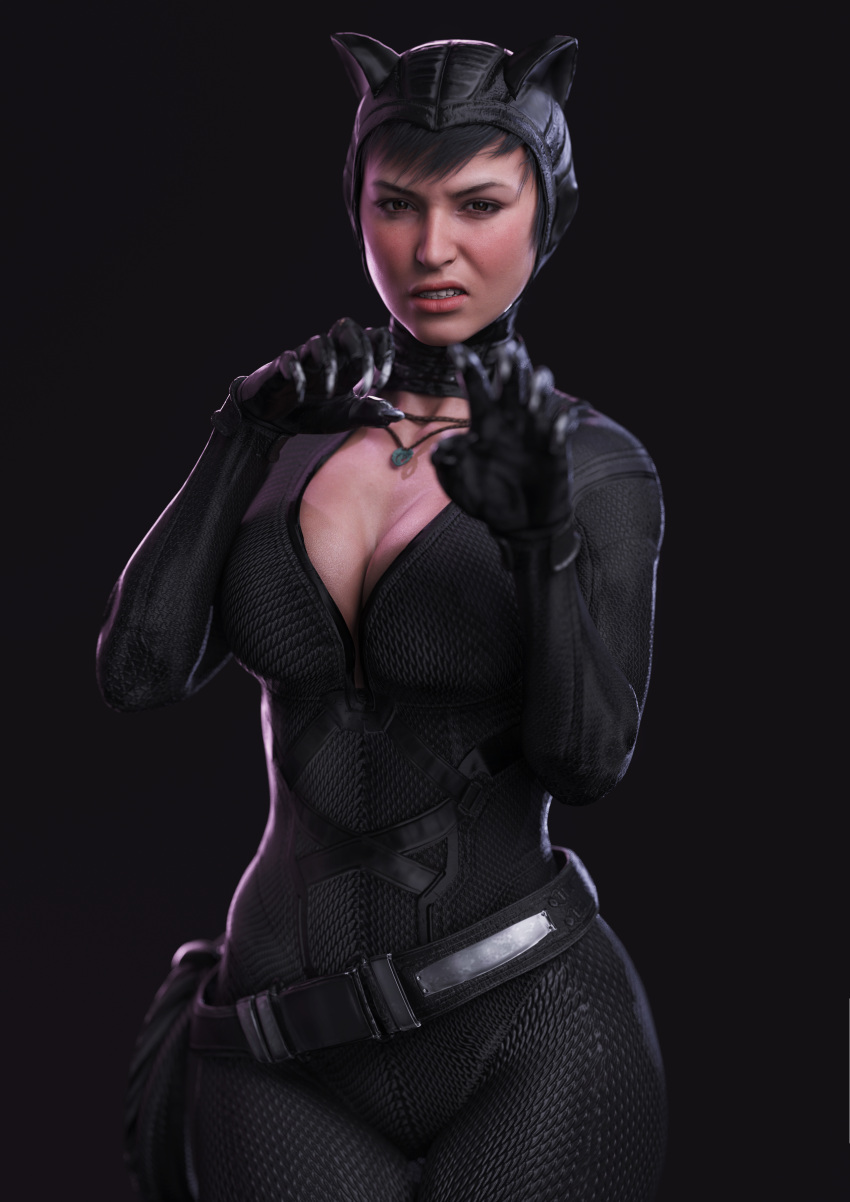 3d 3d_(artwork) ass batman_(series) big_ass big_breasts big_butt black_hair bodysuit breasts brown_eyes cat_ears catwoman_(cosplay) claws cleavage clothed cosplay costume daz3d dc dc_comics female halloween hourglass_figure huge_ass iamherefts lara_croft lara_croft_(survivor) large_breasts light_skin necklace pinup realistic short_hair standing superheroine teeth thick_thighs thighs tight_clothing tomb_raider tomb_raider_(survivor)