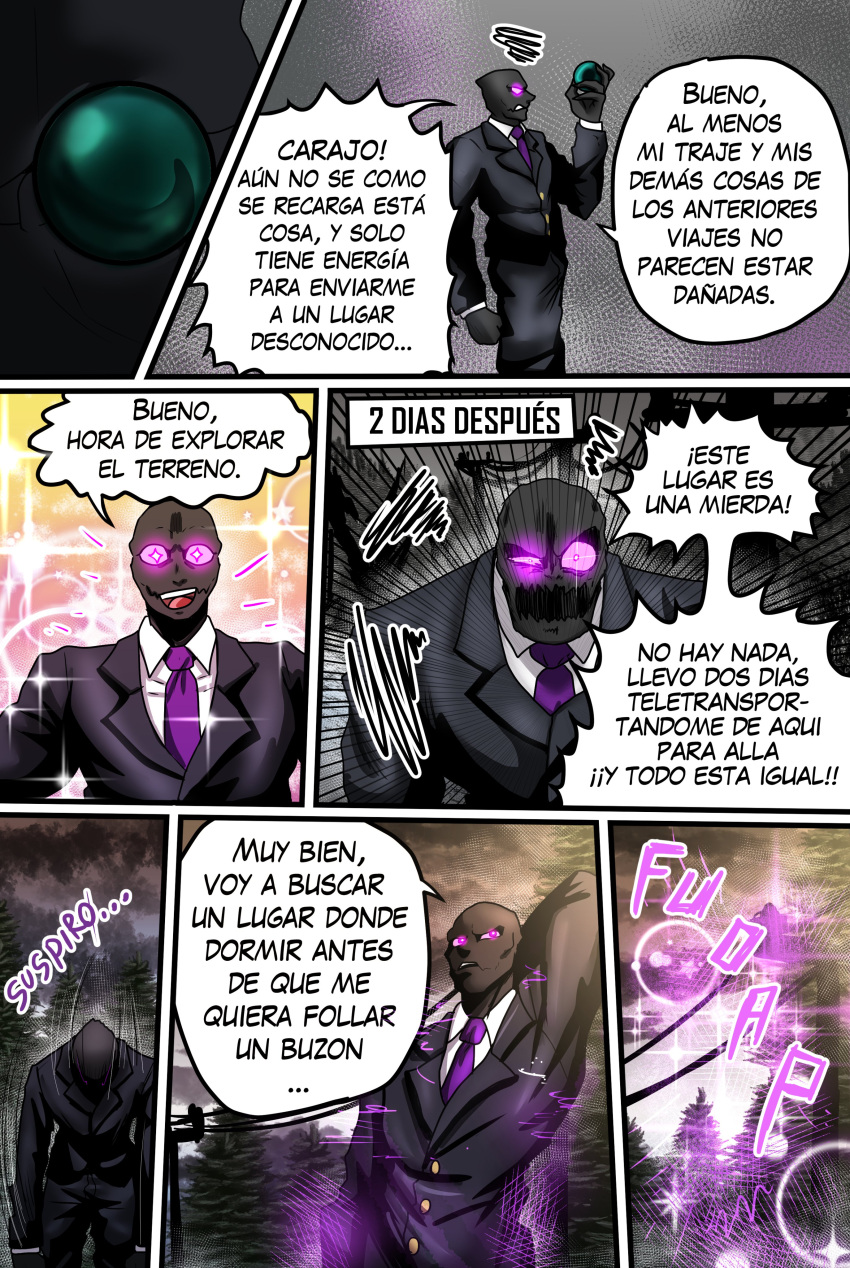 1boy black_body bri4n500 business_suit comic comic_page crossover el_diario_de_jonathan enderman holding_object male minecraft outdoors purple_eyes spanish_text