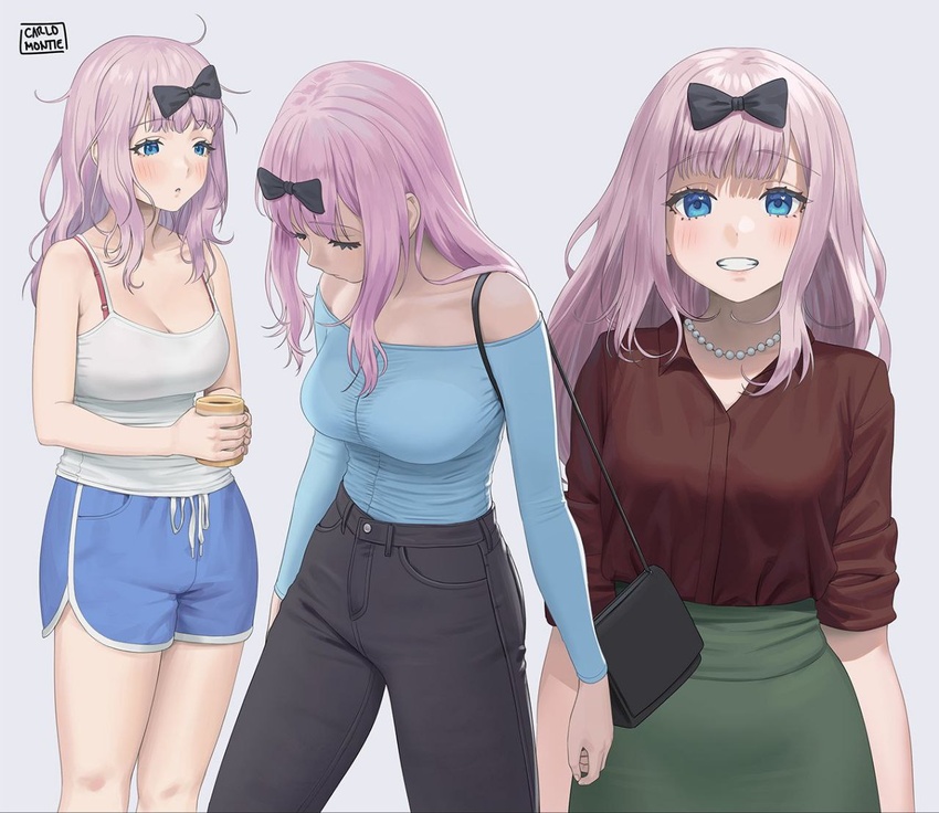 /// 1girls big_breasts blush bowtie breasts carlo_montie casual_clothes different_poses female female_only fujiwara_chika kaguya-sama_wa_kokurasetai_~tensai-tachi_no_renai_zunousen~ light-skinned_female messy_hair pink_hair shorts sleepy smile solo