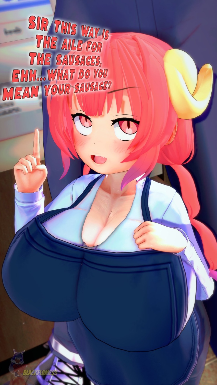 1girls 3d apron blackflames3 blue_apron blush_lines breasts bulge busty caption clavicle cleavage clothed clothing curled_horns cute_fang dialogue employee_uniform english_text female female_focus height_difference horns huge_breasts ilulu_(dragon_maid) index_finger_raised innuendo kobayashi-san_chi_no_maidragon koikatsu larger_male light-skinned_female light_skin long_sleeves male male_out_of_frame miss_kobayashi's_dragon_maid pink_eyes pink_hair red_eyes red_hair sfw shorter_female shortstack size_difference slit_eyes small_but_busty smaller_female strawberry_blonde_hair text work_uniform yellow_horns