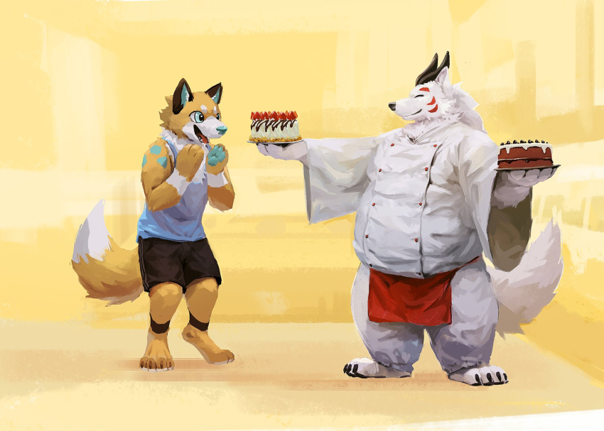 2022 anthro apron belly big_belly bottomwear cake canid canine closed_eyes clothing dessert duo food fox fur hi_res inside kemono kitchen male mammal overweight overweight_male pants racoonwolf shirt shorts topwear white_body white_fur