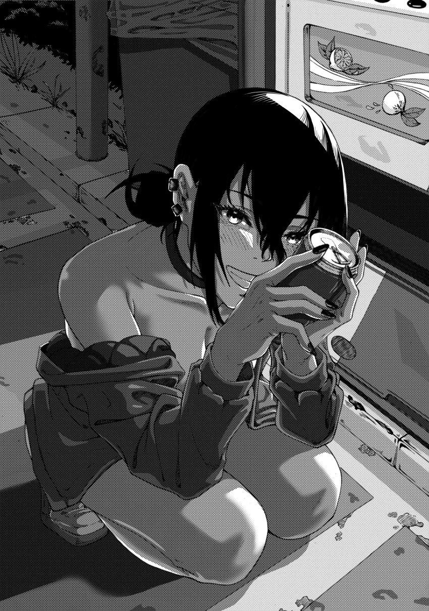 absurdres black_nails breasts can can_to_cheek chainsaw_man choker cleavage female greyscale grin hair_bun highres holding holding_can jacket koto_(artist) looking_at_viewer medium_breasts medium_hair monochrome open_clothes open_jacket outdoors reze_(chainsaw_man) sidelocks single_hair_bun smile solo squatting teeth trash_can vending_machine