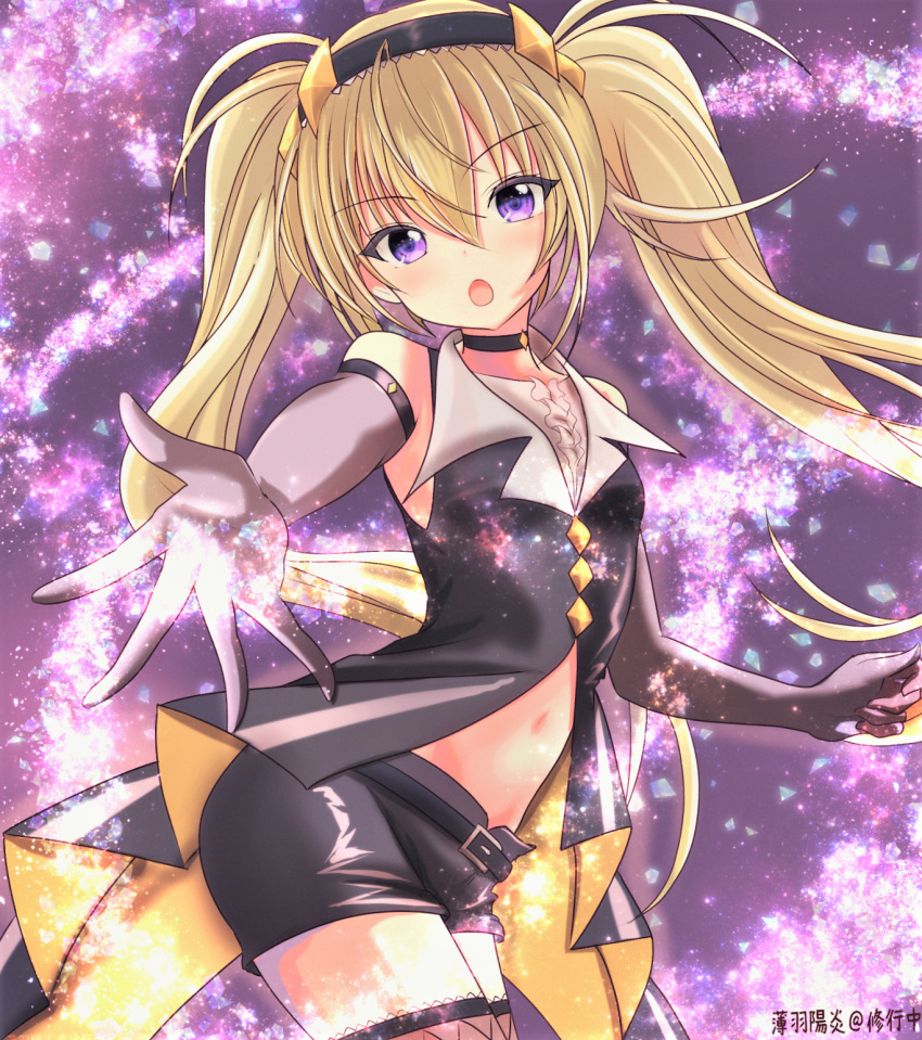 black_choker black_gloves black_headband black_shirt black_shorts blonde_hair choker commentary_request dark_jewel female fishnet_thighhighs fishnets gloves grey_gloves headband highres hoshina_utau long_hair midriff navel open_mouth purple_eyes shirt shorts shugo_chara! sleeveless sleeveless_shirt solo thighhighs twintails usuba_kagerou_(shougyouchu)