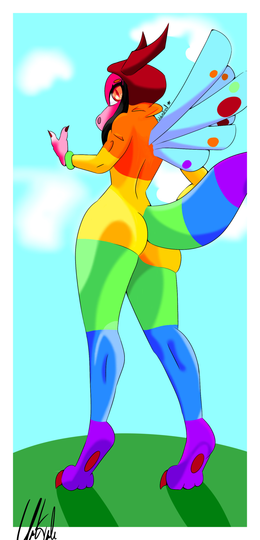 absurd_res anthro ass back clothing dragon_city female hi_res multicolor onesie orange_eyes rainbow_onesie rainbow_onesie_dragon solo unkindred wings