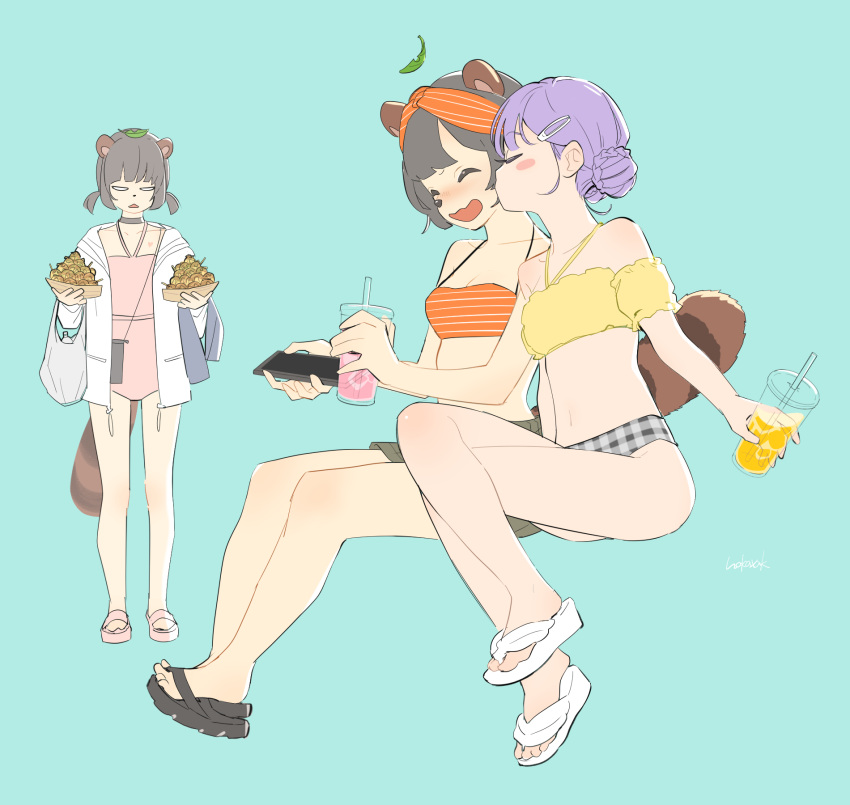 3girls ^_^ alternate_costume animal_ears animal_nose bag bikini black_footwear blank_eyes blue_background blush blush_stickers breasts cleavage clone closed_eyes crossed_legs double_bun drink flip-flops food glaring grey_choker grey_hair hair_bun hair_ornament hairclip halterneck highres hokaxak holding holding_drink holding_food holding_phone invisible_chair jacket jacket_over_swimsuit kissing kissing_cheek leaf leaf_on_head looking_at_another low_twintails mismatched_bikini mochi_hiyoko mochipro mode_aim multiple_girls navel off-shoulder_bikini off_shoulder one-piece_swimsuit open_mouth orange_bikini phone pink_one-piece_swimsuit plaid_bikini_bottom plastic_bag ponpoko_(vtuber) purple_hair raccoon_ears raccoon_girl raccoon_tail sandals short_hair short_twintails shoulder_bag signature simple_background sitting smile spaghetti_strap standing striped_bikini striped_clothes swimsuit tail takoyaki towel_on_arm triangle_mouth twintails virtual_youtuber white_footwear white_jacket yellow_bikini yuri