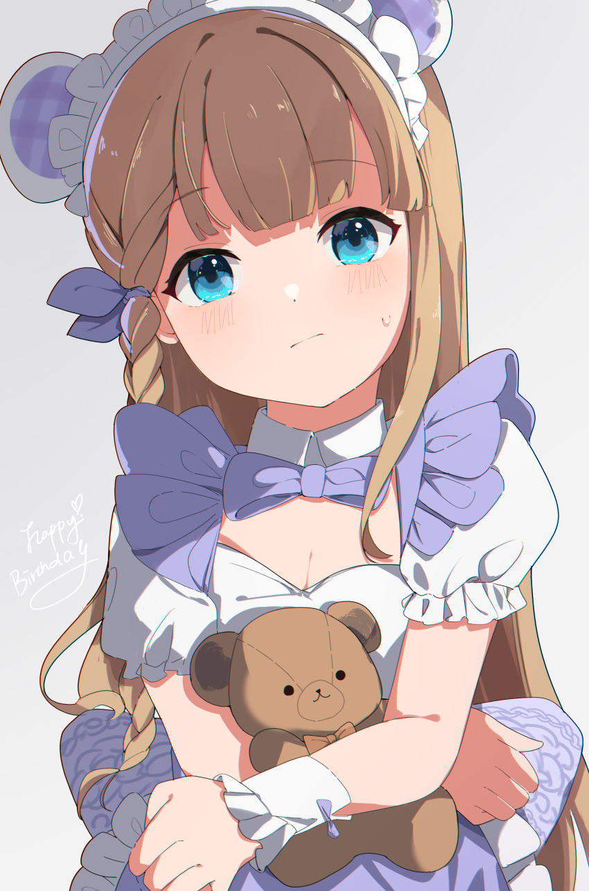 :| absurdres animal_ears apron bear_ears blonde_hair blue_eyes blunt_bangs blush braided_sidelock breasts cleavage closed_mouth commentary_request expressionless fake_animal_ears female frilled_apron frills grey_background happy_birthday head_tilt highres hugging_object idoly_pride looking_at_viewer maid maid_headdress narumiya_suzu ooho0216 purple_apron shirt shrug_(clothing) simple_background small_breasts solo stuffed_animal stuffed_toy sweat sweatdrop teddy_bear waist_apron white_shirt