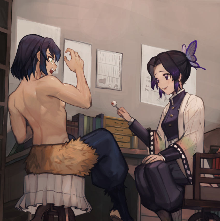 1boy :d black_hair black_jacket black_pants blue_eyes blue_pants butterfly_hair_ornament cotton_ball demon_slayer_uniform female first_aid hair_intakes hair_ornament hand_on_own_knee haori hashibira_inosuke highres holding indoors infirmary injury jacket japanese_clothes kimetsu_no_yaiba kochou_shinobu long_sleeves multicolored_hair neko_yuusya open_mouth pants purple_eyes purple_hair short_hair sitting smile tears tweezers