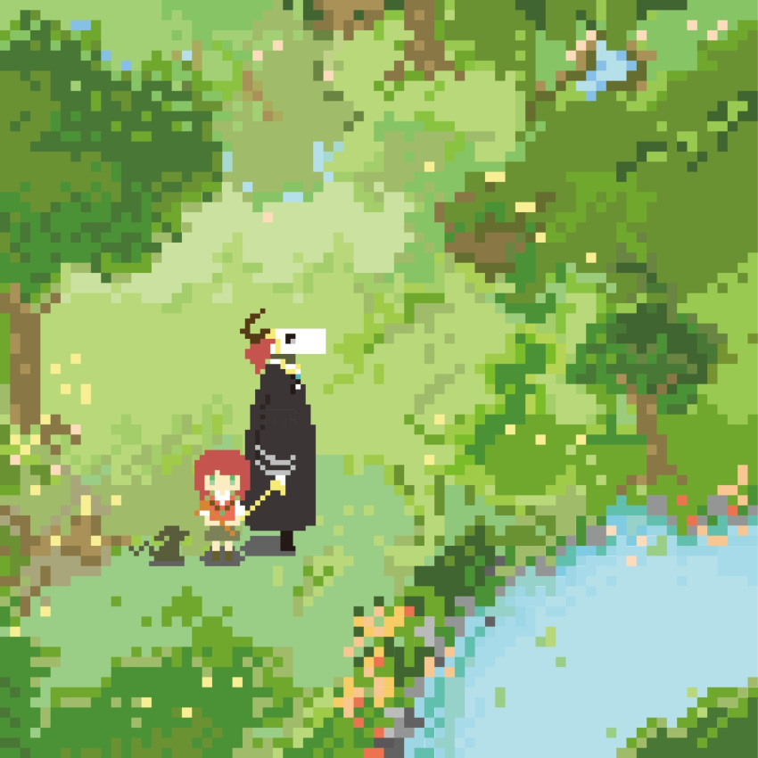 1boy cane canine commentary egg_egg0968 elias_ainsworth female green_eyes hatori_chise highres horns long_sleeves mahou_tsukai_no_yome outdoors pixel_art red_hair ruth_(mahou_tsukai_no_yome) short_hair skull skull_head tree water