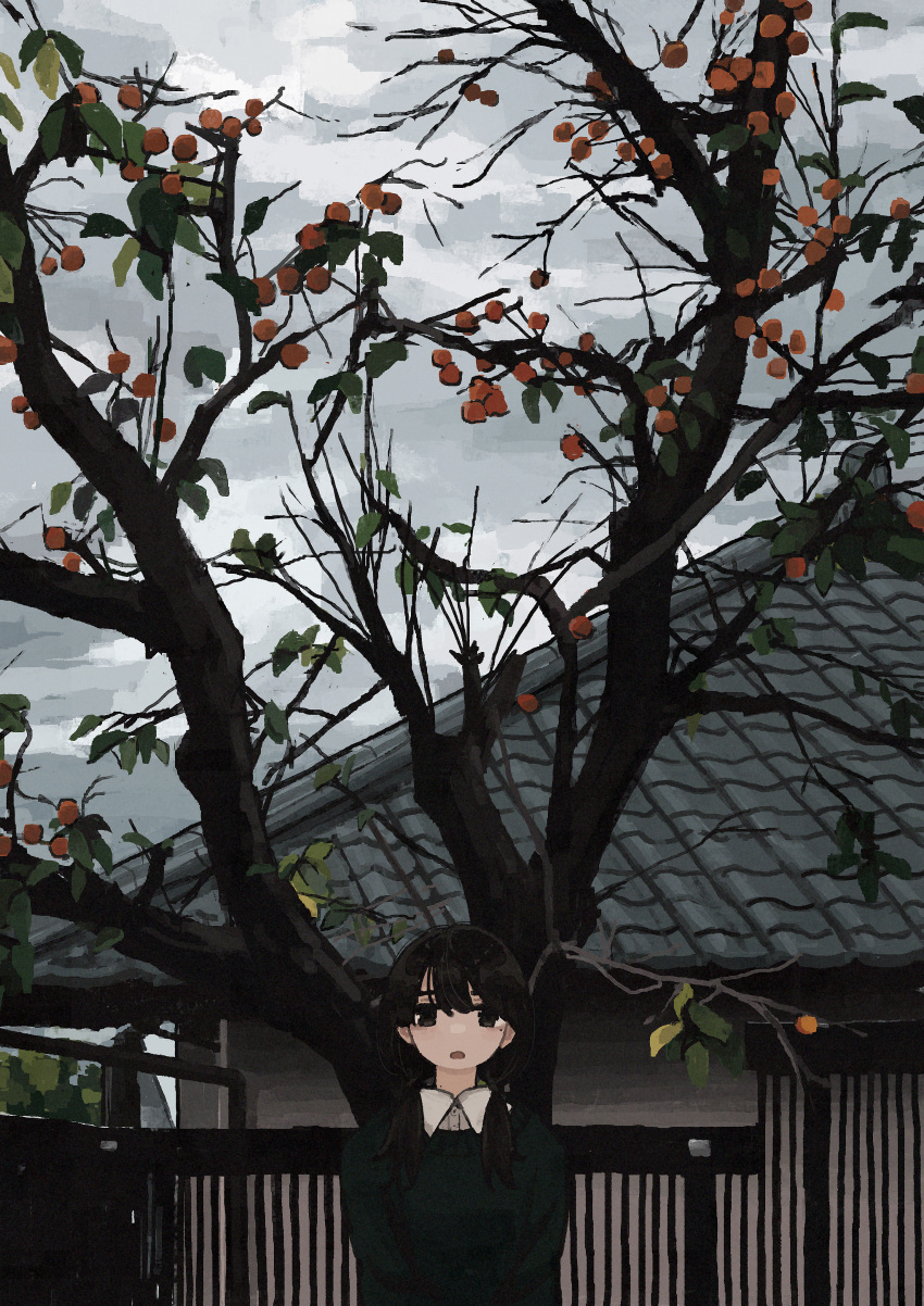 absurdres backpack bag black_hair brown_eyes building cloud cloudy_sky collared_shirt commentary dress_shirt female fence food fruit green_shirt highres long_hair long_sleeves looking_at_viewer open_mouth original outdoors persimmon scenery shirt sky solo tree twintails uniunimikan white_shirt