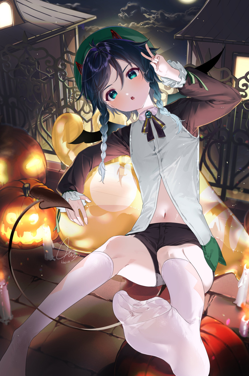 1boy absurdres ahoge black_pants black_shorts blue_hair braid demon_boy demon_horns demon_tail demon_wings genshin_impact green_eyes green_headwear halloween_costume hat highres horns jack-o'-lantern kkopoli laevatein_(tail) long_sleeves male_focus midriff multicolored_hair navel open_mouth otoko_no_ko pants pumpkin red_horns shorts socks stomach tail twin_braids v venti_(genshin_impact) venti_(halloween)_(genshin_impact) white_socks wings