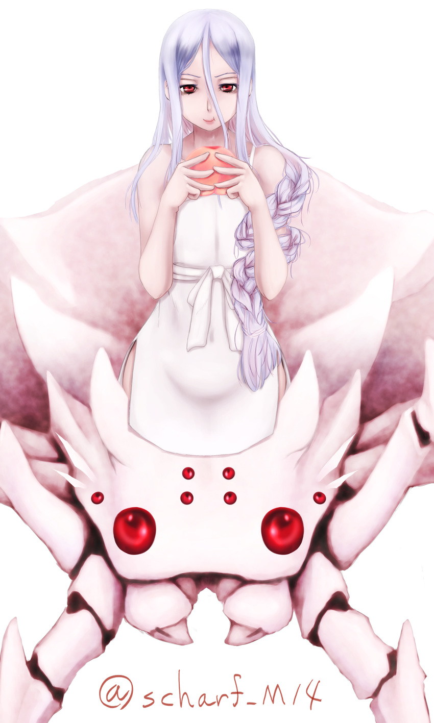 :t arachne arthropod_girl bare_shoulders braid closed_mouth collarbone commentary_request dress eating extra_eyes female food hair_between_eyes highres holding holding_food kumo_desu_ga_nani_ka? kumoko_(kumo_desu_ga_nani_ka?) long_hair looking_at_viewer monster_girl pale_skin red_eyes scharfschutze shiraori side_slit sidelocks simple_background single_braid sleeveless sleeveless_dress solo spider_girl spoilers standing taur twitter_username very_long_hair white_background white_dress white_hair