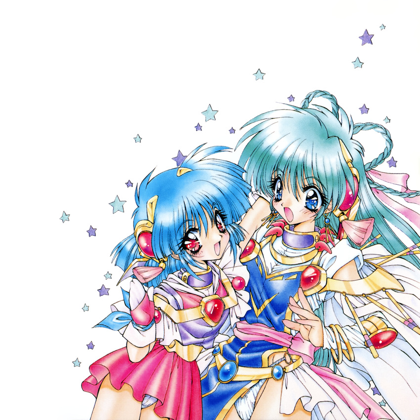 1990s_(style) 2girls arm_up blue_eyes blue_hair bracelet braid can_can_bunny can_can_bunny_extra detached_sleeves gloves gold_trim green_hair hair_ornament highres jewelry long_hair magatama medium_hair miniskirt multiple_girls non-web_source official_art open_mouth panties pantyshot pelvic_curtain ramiya_ryou red_eyes red_skirt retro_artstyle sawadee simple_background skirt star_(symbol) swatty_(can_can_bunny) underwear white_background white_panties