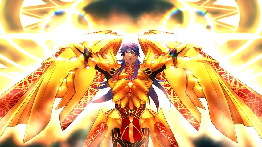 1other armor arms_up bangs breastplate closed_mouth dark_blue_hair dark_skin earrings eyebrows_visible_through_hair fate/grand_order fate_(series) fighting_stance floating glowing glowing_armor golden_wings hair_between_eyes jewelry laser_beam long_hair long_sleeves looking_at_viewer looking_down magic_circle q307011598 red_eyes romulus_(fate/grand_order) romulus_quirinus_(fate/grand_order) shiny solo upper_body wings