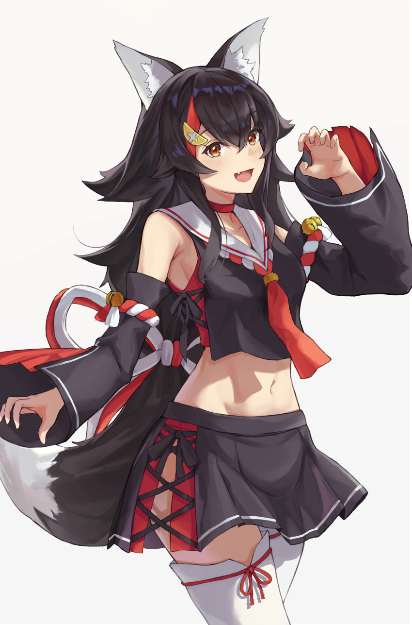 :d absurdres animal_ear_fluff animal_ears bell black_hair black_skirt breasts choker claw_pose commentary cowboy_shot crop_top detached_sleeves female flower_knot hair_ornament hand_up highres hololive japanese_clothes long_hair looking_at_viewer midriff miniskirt multicolored_hair navel neckerchief oerba_yun_fang ookami_mio ookami_mio_(1st_costume) open_mouth orange_eyes red_choker red_hair sailor_collar shakabrah side-tie_skirt simple_background skirt smile solo stomach streaked_hair tail thighhighs virtual_youtuber white_background white_thighhighs wolf_ears wolf_girl wolf_tail