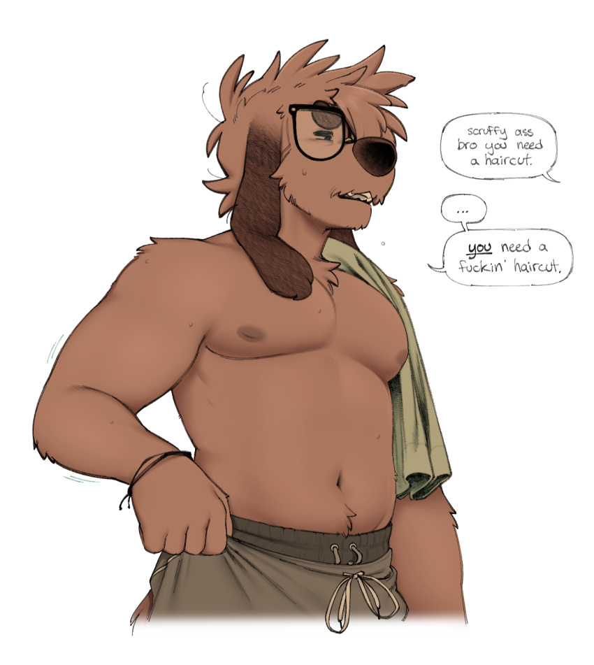 anthro bottomwear bracelet brown_body brown_fur brown_hair bust_portrait canid canine canis clothed clothing dialogue domestic_dog eyewear floppy_ears fur glasses hair hi_res jewelry long_ears male mammal nextel nipples offscreen_character portrait reed_(bearra) shorts simple_background solo speech_bubble topless towel towel_on_shoulder white_background