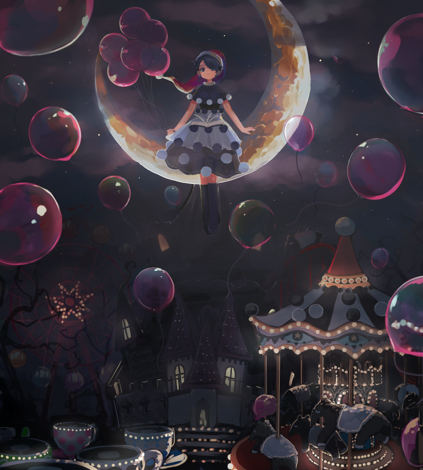 absurdres amusement_park backlighting baku_(creature) balloon black_capelet blue_eyes blue_hair book boots bubble capelet carousel castle check_commentary commentary commentary_request cup doremy_sweet dream_world_(touhou) dress earrings female floating hair_over_one_eye hat highres ichinose_(kurui96) jewelry lights looking_at_viewer moon night night_sky nightcap pom_pom_(clothes) roller_coaster short_hair sky star_(sky) starry_sky tail tapir_tail teacup touhou tree