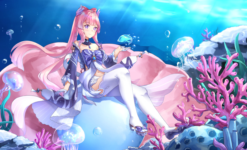 air_bubble blush bow-shaped_hair bubble chahei clam closed_mouth commentary coral day detached_sleeves female gem genshin_impact gloves half_gloves highres jellyfish long_hair long_sleeves looking_at_viewer outdoors pearl_(gemstone) pink_hair purple_eyes purple_footwear purple_sleeves sandals sangonomiya_kokomi shoe_soles short_shorts shorts smile solo symbol-only_commentary thighhighs underwater very_long_hair water white_gloves white_shorts white_thighhighs wide_sleeves zouri