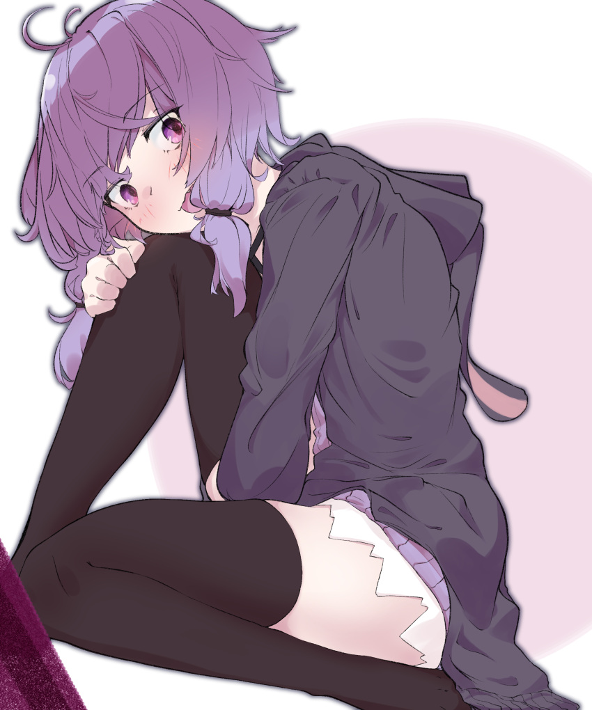 absurdres arm_between_legs black_hoodie black_thighhighs blush commentary dress feet_out_of_frame female from_side hand_on_own_knee head_on_knee head_rest highres hood hood_down hoodie knee_up long_sleeves looking_at_viewer looking_to_the_side microdress oerba_yun_fang purple_dress purple_eyes purple_hair ribbed_dress short_hair_with_long_locks sitting smile solo thighhighs thighs vocaloid voiceroid wavy_mouth yoru_no_yamai yuzuki_yukari zettai_ryouiki