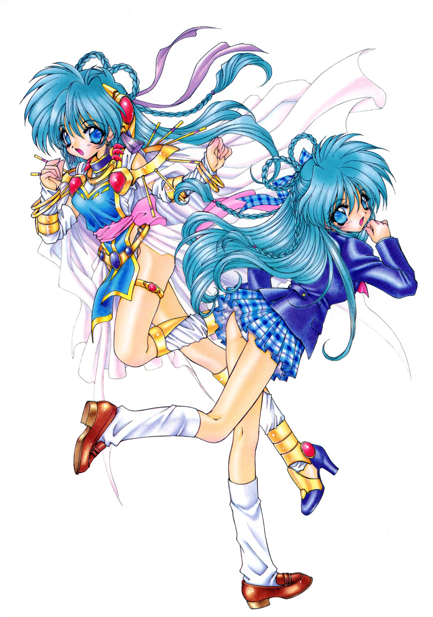 1990s_(style) aqua_hair back_bow blazer blue_eyes blue_hair bow bracelet braid brown_footwear can_can_bunny can_can_bunny_extra detached_sleeves dual_persona female gold_trim high_heels highres jacket jewelry kneehighs loafers long_hair long_sleeves miniskirt non-web_source open_mouth panties pantyshot pink_bow plaid plaid_skirt pleated_skirt ramiya_ryou retro_artstyle school_uniform shoes simple_background skirt socks swatty_(can_can_bunny) thighlet underwear white_background white_socks