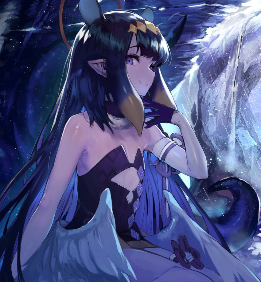 akieda bare_shoulders black_dress blunt_bangs blush breasts commentary detached_collar detached_sleeves dress female flat_chest fur_collar gradient_hair halo hololive hololive_english long_hair looking_at_viewer low_wings mole mole_under_eye multicolored_hair ninomae_ina'nis ninomae_ina'nis_(1st_costume) oerba_yun_fang orange_hair photoshop_(medium) pointy_ears purple_eyes purple_hair short_dress sidelocks single_detached_sleeve smile solo tentacle tentacle_hair very_long_hair virtual_youtuber wings