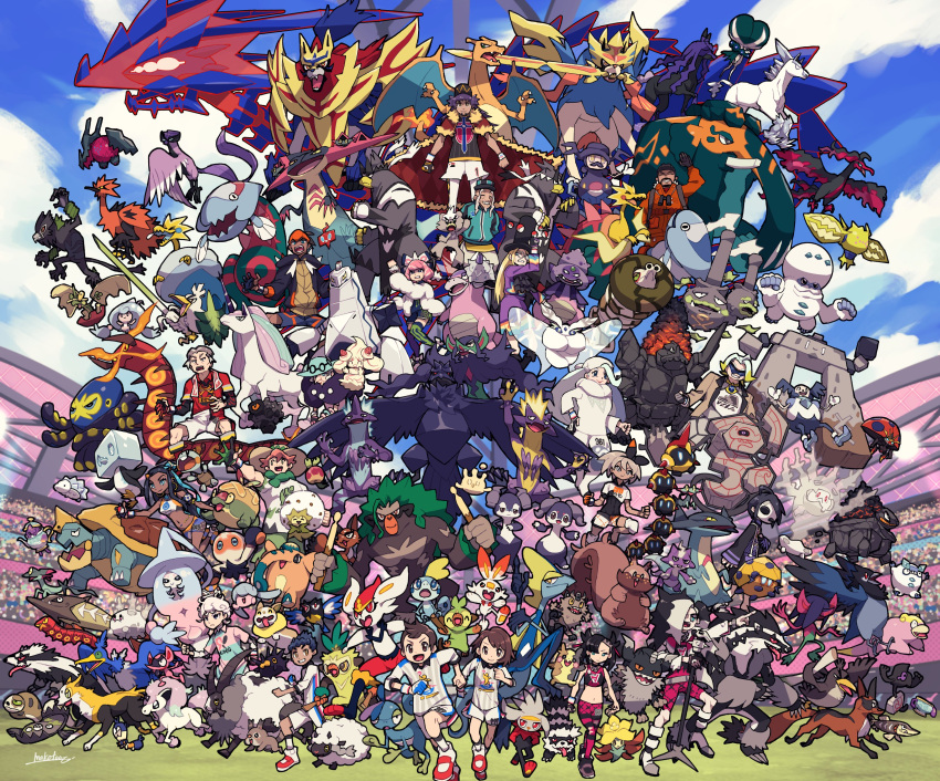 6+boys 6+girls absolutely_everyone absurdres alcremie alcremie_(strawberry_sweet) allister_(pokemon) appletun applin arctovish arctozolt arrokuda audience avery_(pokemon) barraskewda bea_(pokemon) bede_(pokemon) blipbug blue_sky boltund calyrex carkol centiskorch charizard chewtle cinderace clobbopus cloud coalossal commentary copperajah corviknight corvisquire cramorant cufant cursola dottler dracovish dracozolt dragapult drakloak drednaw dreepy drizzile dubwool duraludon eiscue eiscue_(ice) eldegoss eternatus everyone falinks flame-tipped_tail flapple frosmoth galarian_articuno galarian_corsola galarian_darmanitan galarian_darmanitan_(standard) galarian_darumaka galarian_farfetch'd galarian_linoone galarian_meowth galarian_moltres galarian_mr._mime galarian_ponyta galarian_rapidash galarian_slowbro galarian_slowking galarian_slowpoke galarian_stunfisk galarian_weezing galarian_yamask galarian_zapdos galarian_zigzagoon glastrier gloria_(pokemon) gordie_(pokemon) gossifleur grapploct greedent grimmsnarl grookey hatenna hatterene hattrem highres hop_(pokemon) impidimp indeedee indeedee_(female) indeedee_(male) inteleon kabu_(pokemon) klara_(pokemon) kubfu leon_(pokemon) makoto_ikemu marnie_(pokemon) melony_(pokemon) milcery milo_(pokemon) mime_jr. morgrem morpeko morpeko_(full) mr._rime multiple_boys multiple_girls mustard_(pokemon) nessa_(pokemon) nickit obstagoon opal_(pokemon) orbeetle peony_(pokemon) perrserker piers_(pokemon) pincurchin pokemon pokemon_(creature) pokemon_swsh polteageist raboot raihan_(pokemon) regidrago regieleki rillaboom rolycoly rookidee runerigus sandaconda scorbunny silicobra sinistea sirfetch'd sizzlipede skwovet sky snom sobble spectrier sportswear stadium stonjourner thievul thwackey toxel toxtricity toxtricity_(amped) toxtricity_(low_key) urshifu urshifu_(rapid) urshifu_(single) victor_(pokemon) wooloo yamper zacian zacian_(crowned) zamazenta zamazenta_(crowned) zarude