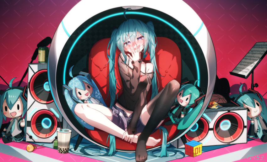 ahoge aqua_hair ball bare_shoulders barefoot basketball_(object) belt black_shorts blush blush_stickers bubble_tea character_doll chinese_commentary collarbone commentary covering_own_mouth double-parted_bangs egg_chair female hand_over_own_mouth hand_up hatsune_miku highres koi_wa_sensou_(vocaloid) legs long_hair long_sleeves microphone music_stand no_shoes off_shoulder open_belt open_clothes open_mouth open_shorts qys3 red_background rubik's_cube sheet_music shirt shorts single_thighhigh sitting smile solo spaghetti_strap speaker thighhighs toes twintails very_long_hair vocaloid white_belt yuki_miku yuki_miku_(2010)