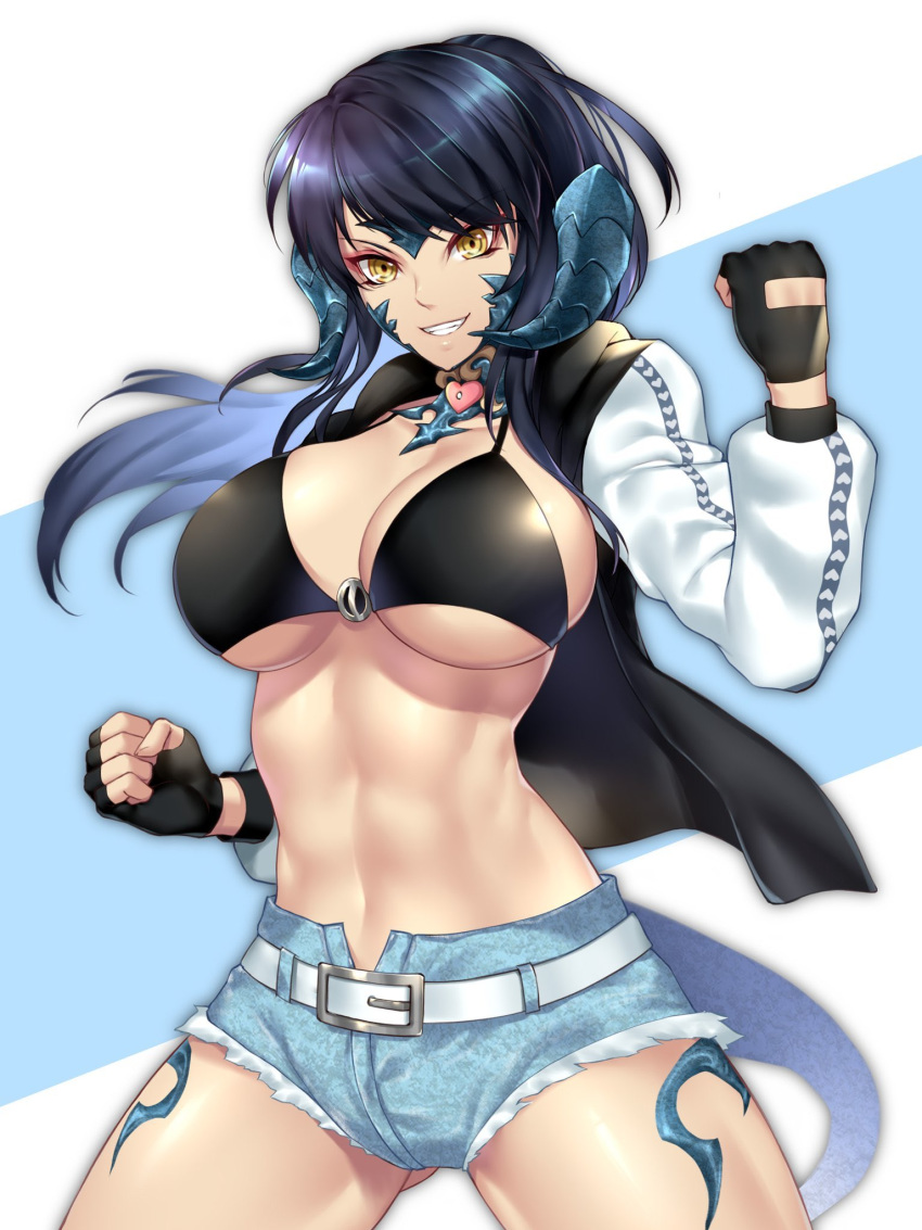 ass_visible_through_thighs au_ra bad_id bad_twitter_id belt bikini bikini_top_only blue_hair blue_horns blue_scales blue_tail breasts cleavage clenched_hands collar commentary_request commission cowboy_shot cutoffs dark_blue_hair denim denim_shorts dragon_girl dragon_horns dragon_tail female final_fantasy final_fantasy_xiv fingerless_gloves fist_pump gloves grin heart_collar highres horns jacket large_breasts looking_at_viewer midriff muscular muscular_female nasaniliu navel open_clothes open_jacket original scales short_shorts shorts simple_background skeb_commission smile solo swimsuit tail thick_thighs thighs underboob warrior_of_light_(ff14) yellow_eyes