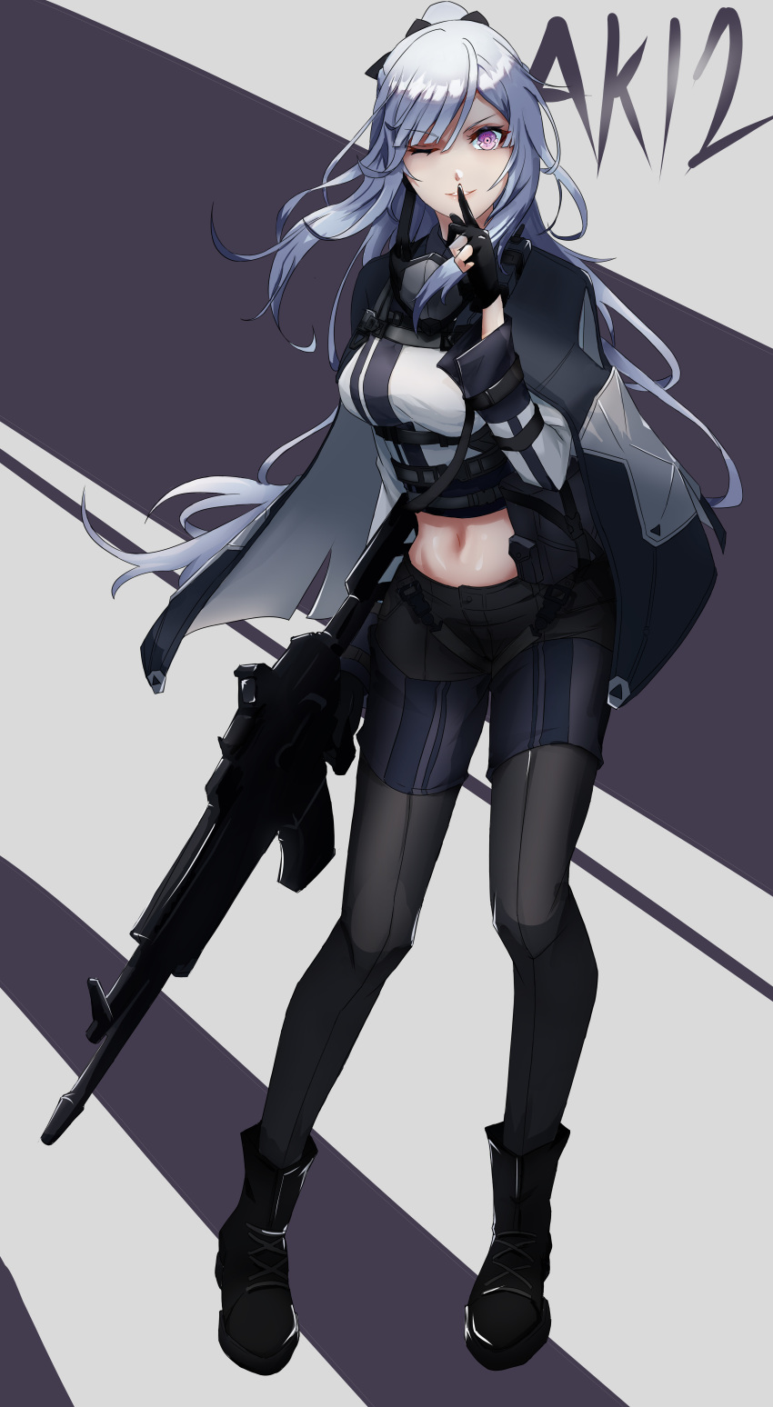 absurdres ak-12_(girls'_frontline) artificial_eye assault_rifle black_footwear black_legwear cape crop_top female finger_to_mouth full_body girls'_frontline gloves grey_hair gun hair_between_eyes hair_ribbon highres holding holding_gun holding_weapon kongbai_huanxiang long_hair mechanical_eye midriff navel one_eye_closed partially_fingerless_gloves photoshop_(medium) pink_eyes ribbon rifle shushing sidelocks solo standing tactical_clothes weapon