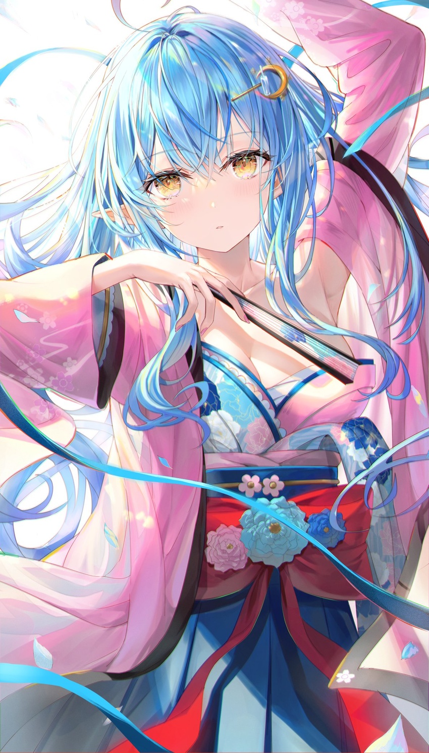 ahoge arm_up blue_hair blue_hakama blue_kimono blush breasts colored_tips commentary crescent crescent_hair_ornament female floral_print folding_fan hadanugi_dousa hair_between_eyes hair_ornament hakama hand_fan hand_up haori highres holding holding_fan hololive japanese_clothes kimono large_breasts long_hair long_sleeves looking_at_viewer multicolored_hair obi official_alternate_hairstyle parted_lips pointy_ears print_kimono rin_yuu sash solo streaked_hair symbol-only_commentary virtual_youtuber wide_sleeves yellow_eyes yukihana_lamy yukihana_lamy_(new_year)