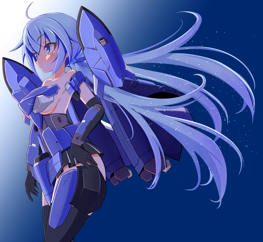 absurdres black_gloves black_skirt blue_background blue_eyes blue_hair blush breasts commentary elbow_gloves female frame_arms_girl gloves hand_on_own_hip haruwo0096 highres long_hair looking_ahead low_twintails mecha_musume medium_breasts sideboob skirt solo stylet thrusters twintails very_long_hair