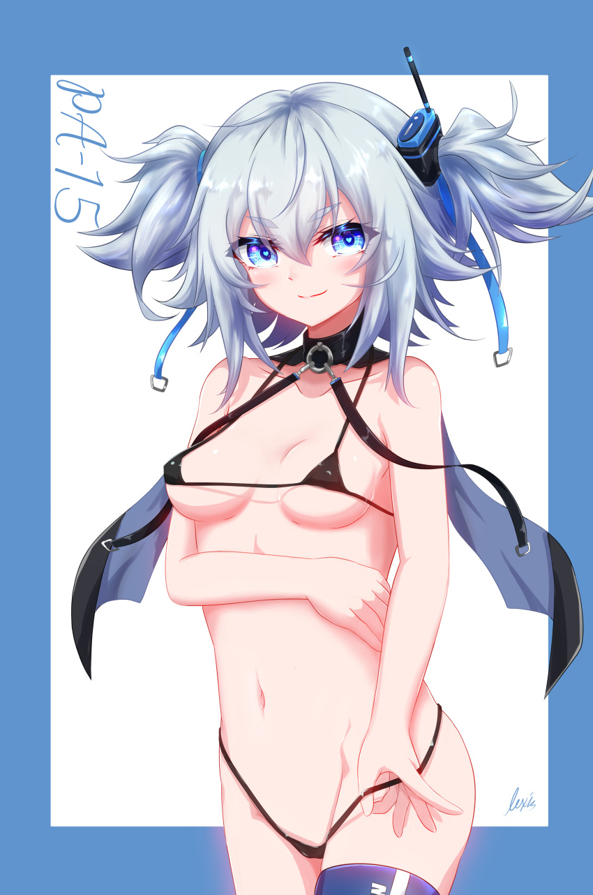 absurdres bikini black_bikini black_capelet blue_eyes blue_thighhighs blush breasts capelet character_name commentary_request female girls'_frontline grey_hair hair_between_eyes heart heart-shaped_pupils highres lexis_yayoi long_hair looking_at_viewer medium_breasts medium_hair micro_bikini navel pa-15_(girls'_frontline) single_thighhigh smile solo swimsuit symbol-shaped_pupils thighhighs twintails