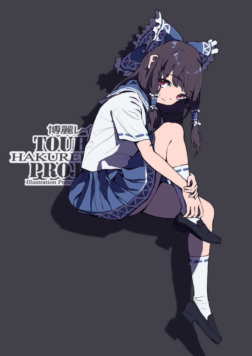 alternate_color alternate_costume black_footwear black_hair blue_bow blue_skirt blunt_bangs bow character_name closed_mouth copyright_name female frilled_bow frills from_side full_body hair_tubes hairbow hakurei_reimu highres invisible_chair karma17 knee_up kneehighs loafers long_hair looking_at_viewer looking_to_the_side own_hands_together purple_eyes ribbon-trimmed_legwear ribbon-trimmed_sleeves ribbon_trim shirt shoes short_sleeves sidelocks simple_background sitting skirt smile socks solo touhou white_shirt white_socks