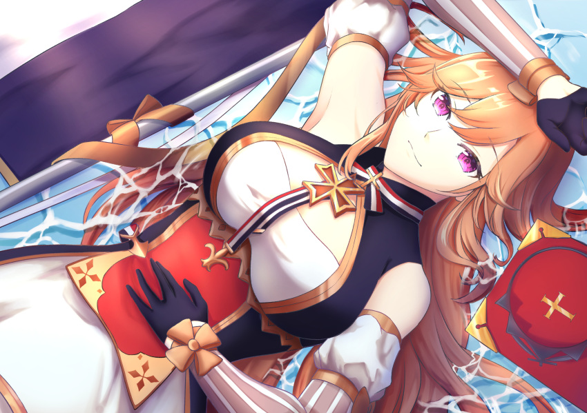 azur_lane bare_shoulders black_gloves book breasts cleavage detached_sleeves dress eyebrows_visible_through_hair female fleur_de_lis french_flag gloves hair_between_eyes half_gloves highres juliet_sleeves kang_jian large_breasts long_hair long_sleeves looking_at_viewer lying_on_water maltese_cross orange_hair pink_eyes puffy_sleeves richelieu_(azur_lane) water white_dress