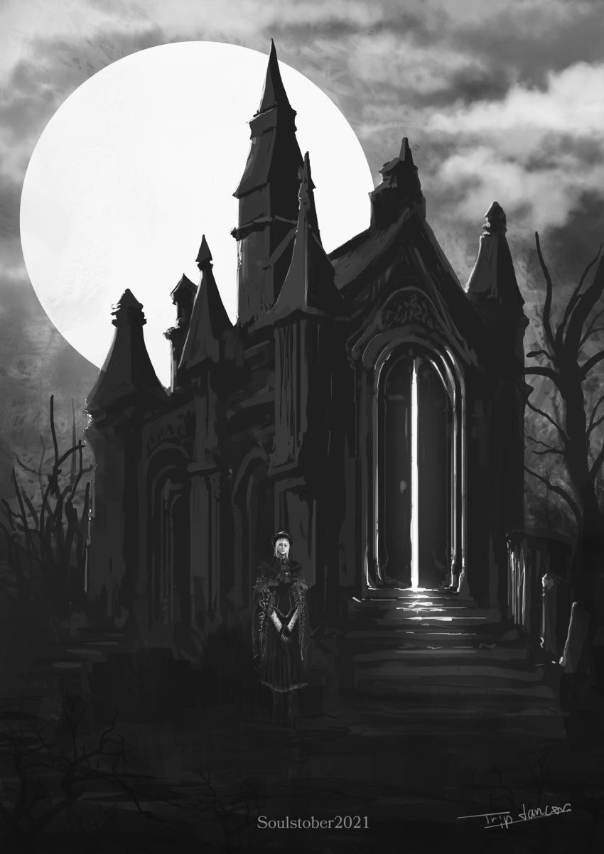 artist_name bare_tree bloodborne bonnet boots building cloak cloud cloudy_sky commentary_request copyright_name dress female greyscale hat highres light long_sleeves looking_at_viewer monochrome moon plain_doll scenery short_hair sky solo stairs standing tree tripdancer