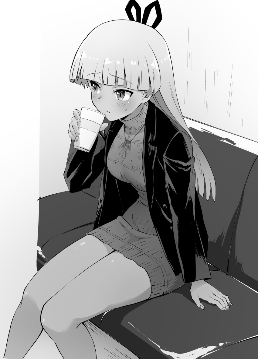 absurdres alice_gear_aegis araime_yasuri blunt_bangs blush breasts closed_mouth couch cup dress female greyscale hair_ornament highres holding holding_cup jacket jewelry long_hair long_sleeves medium_breasts monochrome necklace open_clothes open_jacket sitting solo sweat tan unpasu