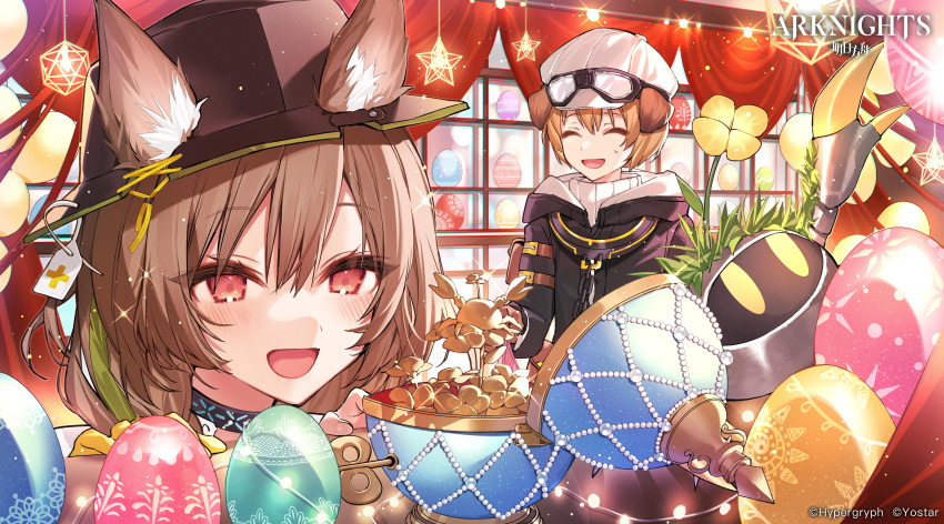 1boy :d absurdres animal_ears arknights beanstalk_(arknights) black_choker black_headwear black_jacket brown_hair choker ears_through_headwear easter easter_egg egg fedora female goggles goggles_on_headwear grey_hair greyy_(arknights) hanagata hat highres infection_monitor_(arknights) jacket metal_crab_(arknights) official_art open_mouth short_hair smile white_headwear window