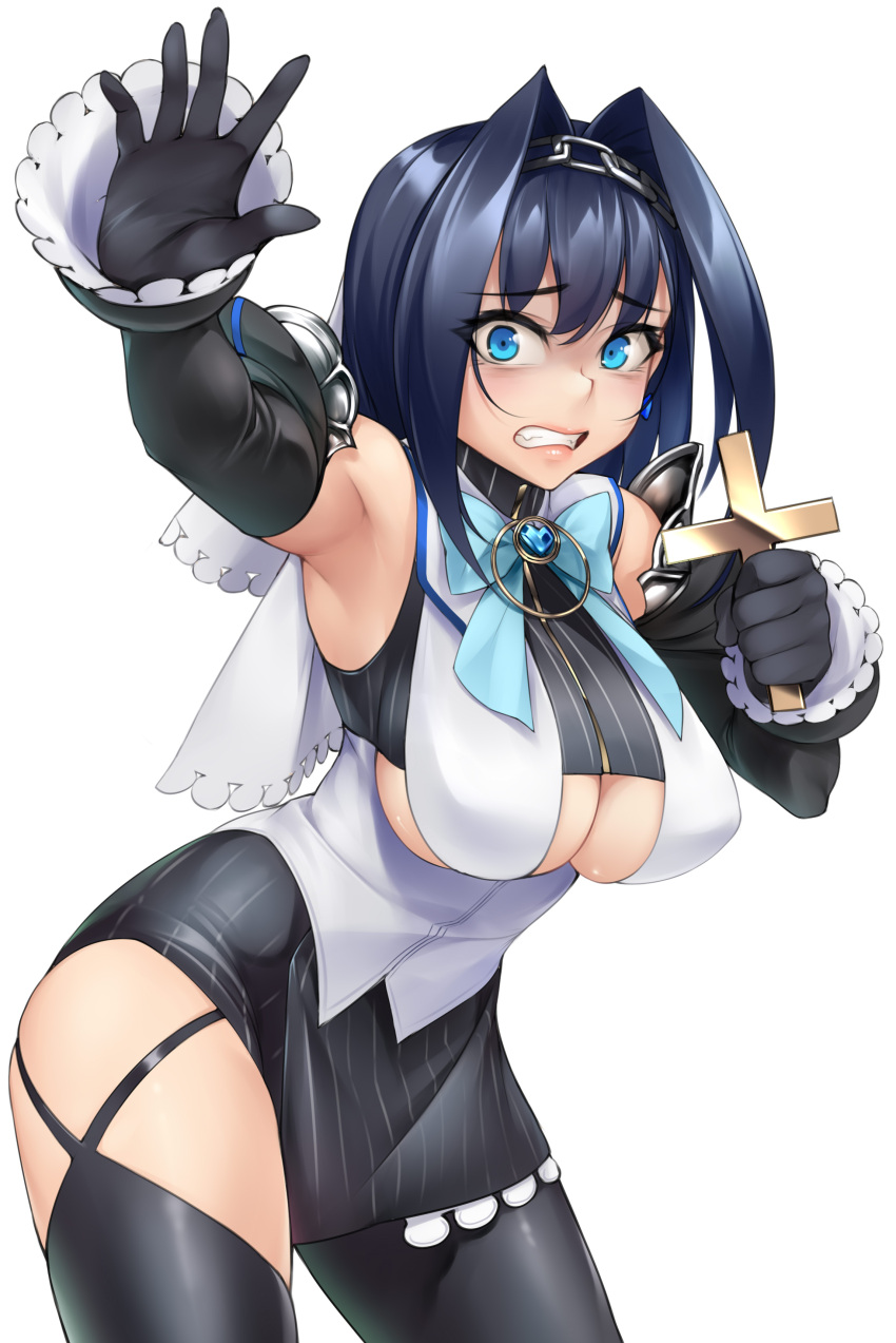 absurdres black_gloves blue_eyes blue_hair bow bow_earrings breasts chains clothing_cutout cross detached_sleeves earrings female gloves hair_intakes highres ho2nium hololive hololive_english jewelry large_breasts looking_at_viewer meme ouro_kronii photo-referenced short_hair simple_background skirt virtual_youtuber white_background