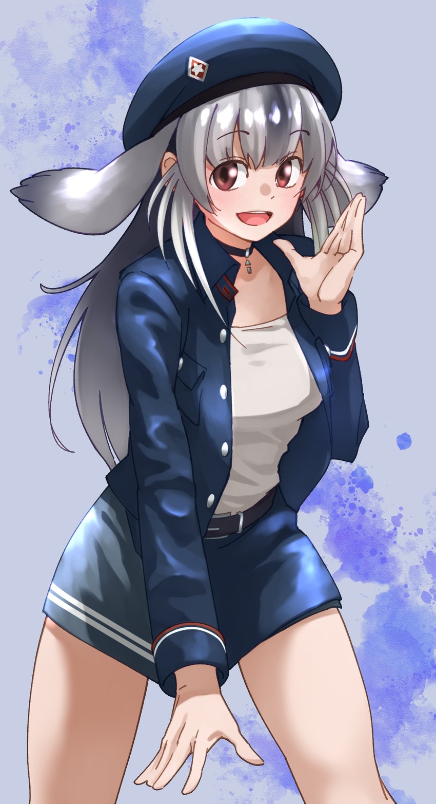 :d alternate_costume animal_ears bearded_seal_(kemono_friends) belt blue_jacket brown_eyes choker commentary eyes_visible_through_hair female grey_hair hat highres jacket kemono_friends long_hair long_sleeves looking_at_viewer multicolored_hair shirt smile solo tanabe_(fueisei) white_shirt