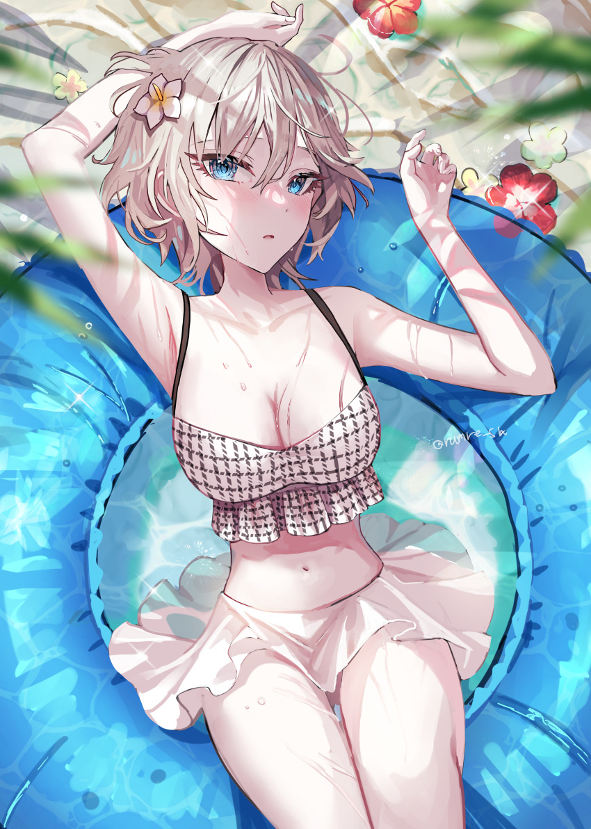 absurdres alternate_costume anastasia_(idolmaster) armpits bare_shoulders bikini blue_eyes blush breasts cleavage collarbone curled_fingers expressionless female floating floating_object flower frilled_bikini frilled_tankini frills hair_between_eyes hair_flower hair_ornament highres idolmaster idolmaster_cinderella_girls light_blush light_reflection_(water) long_bangs looking_at_viewer lying medium_breasts navel on_back open_mouth plaid plaid_bikini rum_raisin_(chihiromakita19) shirt short_hair skirt solo swimsuit tankini thick_eyelashes water water_drop white_hair white_shirt