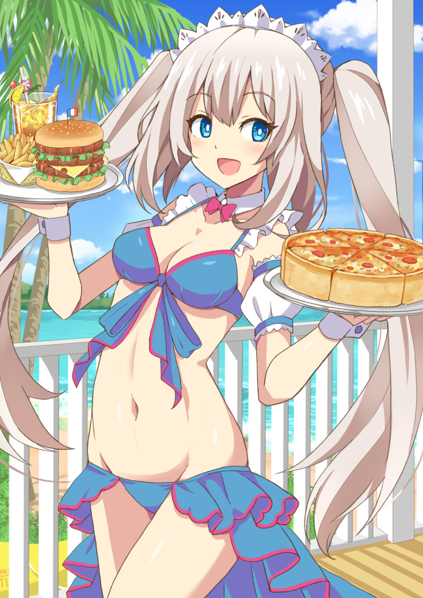 bare_shoulders beach bikini blue_bikini blue_eyes blue_sky blush breasts burger cleavage collarbone commission day fate/grand_order fate_(series) female food french_fries grey_hair highres long_hair looking_at_viewer maid_headdress marie_antoinette_(fate) marie_antoinette_(swimsuit_caster)_(fate) marie_antoinette_(swimsuit_caster)_(third_ascension)_(fate) medium_breasts navel open_mouth pixiv_commission pizza plate shimouki_izui sky smile solo swimsuit thighs twintails very_long_hair