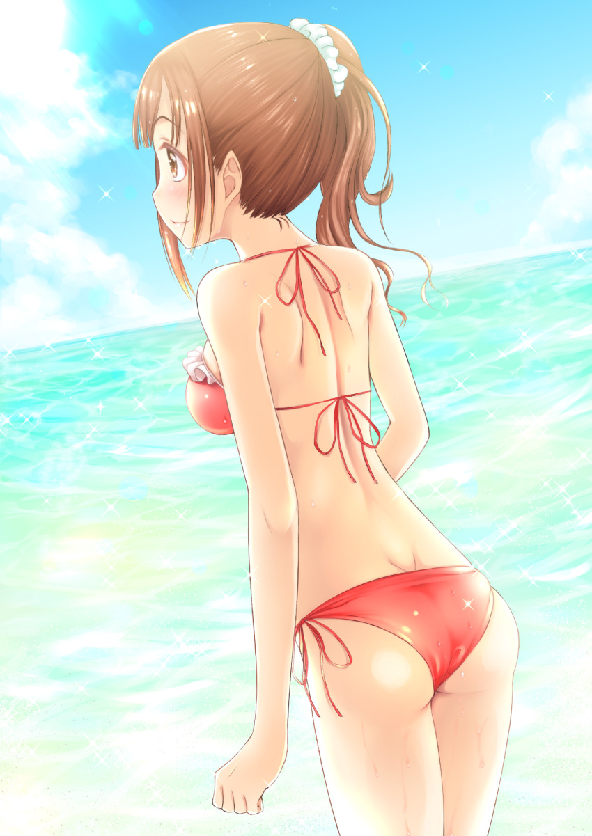 ass bikini blue_sky blush breasts brown_eyes brown_hair cloud commentary_request cowboy_shot day female frilled_bikini frills hair_ornament hair_scrunchie halterneck highres idolmaster idolmaster_cinderella_girls igarashi_kyoko long_hair medium_breasts naharyou ocean outdoors ponytail red_bikini red_ribbon ribbon scrunchie shiny_skin side-tie_bikini_bottom sideboob sky smile solo standing string_bikini swimsuit wet white_scrunchie