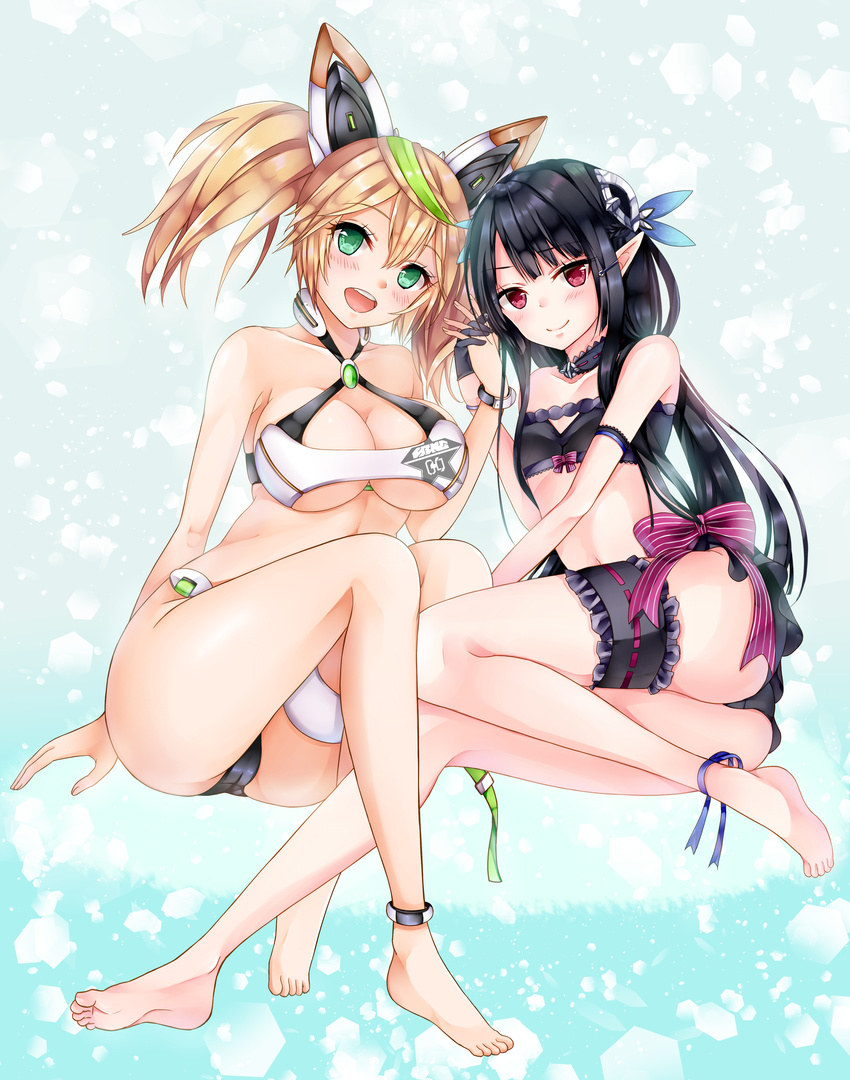 2girls :d absurdres anette_(pso2) anklet arm_support ass bad_id bad_pixiv_id bare_shoulders barefoot bikini black_bikini black_hair blonde_hair breasts cleavage_cutout clothing_cutout collarbone detached_collar frills full_body gene_(pso2) green_eyes green_hair hair_between_eyes hair_ornament hairclip headgear highres holding_hands interlocked_fingers jewelry large_breasts long_hair long_sleeves looking_at_viewer midriff multicolored_hair multiple_girls open_mouth phantasy_star phantasy_star_online_2 pointy_ears red_eyes sitting small_breasts smile soles streaked_hair swimsuit thigh_gap thighs toes twintails two-tone_hair underboob yoshida_iyo